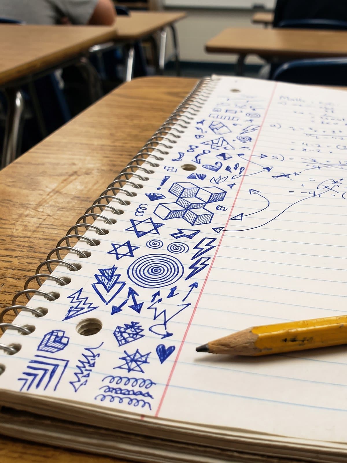 A spiral notebook with ballpoint doodles filling the margin